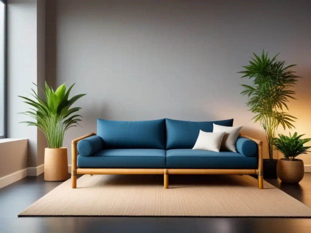 Un salón minimalista con muebles biodegradables y decoración sostenible, destacando la armonía y elegancia ecofriendly