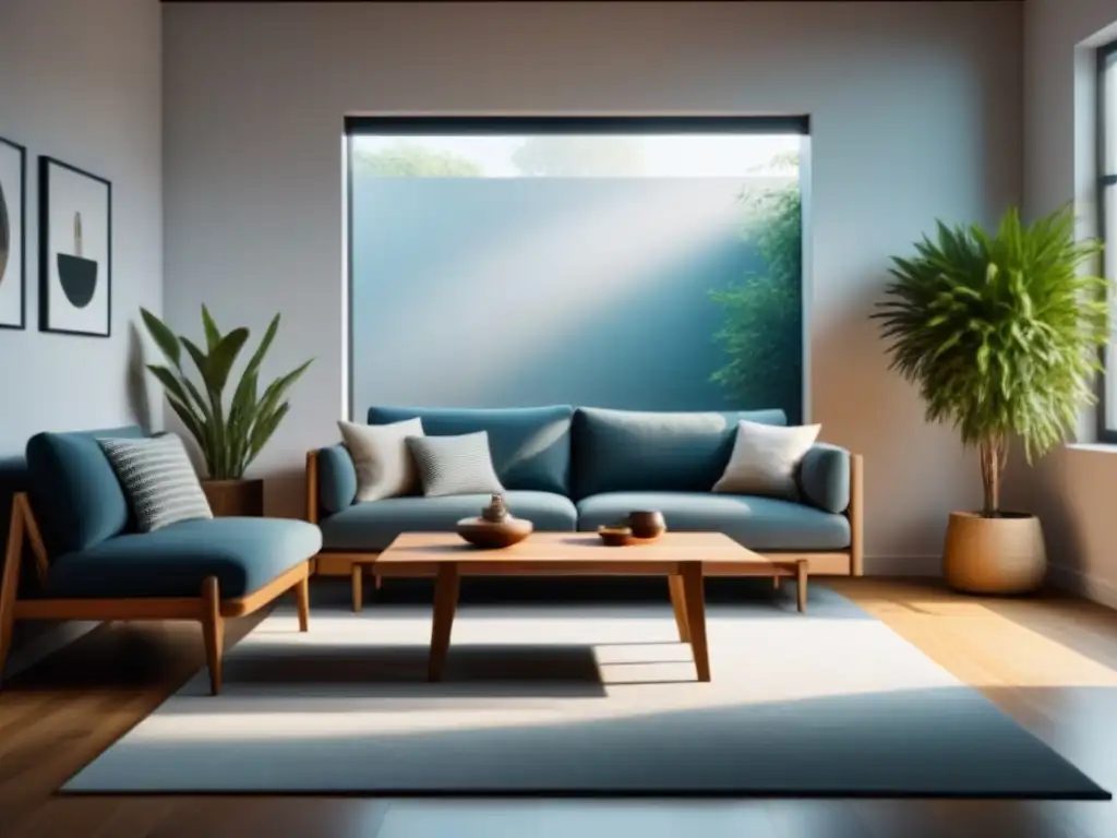 Sofisticada sala eco con muebles sostenibles y plantas verdes Un salón minimalista con muebles ecológicos y diseño sostenible