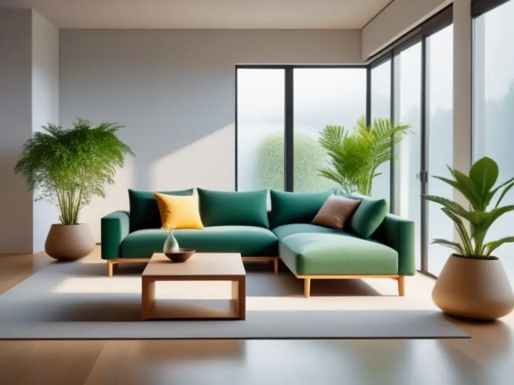 Un salón minimalista con muebles modulares ecológicos sostenibles, bañado en luz natural y armonía verde