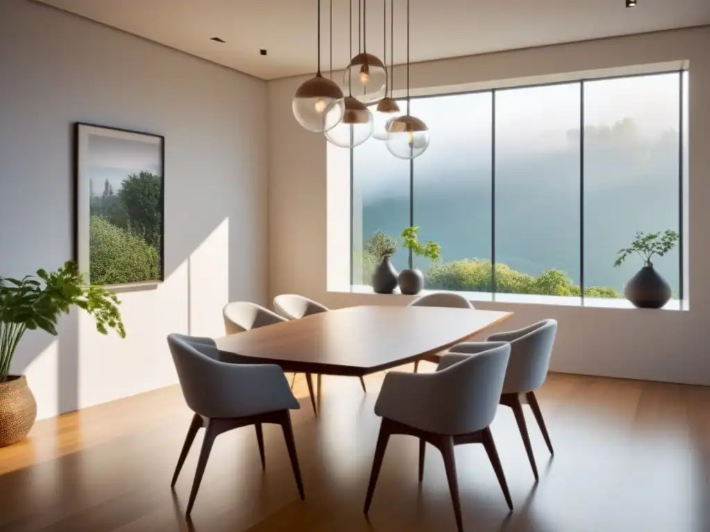 Salón minimalista: mesa de madera sostenible y sillas eco-friendly Un salón minimalista con muebles de diseño sostenible: mesa de madera y sillas ecológicas en un ambiente luminoso y elegante