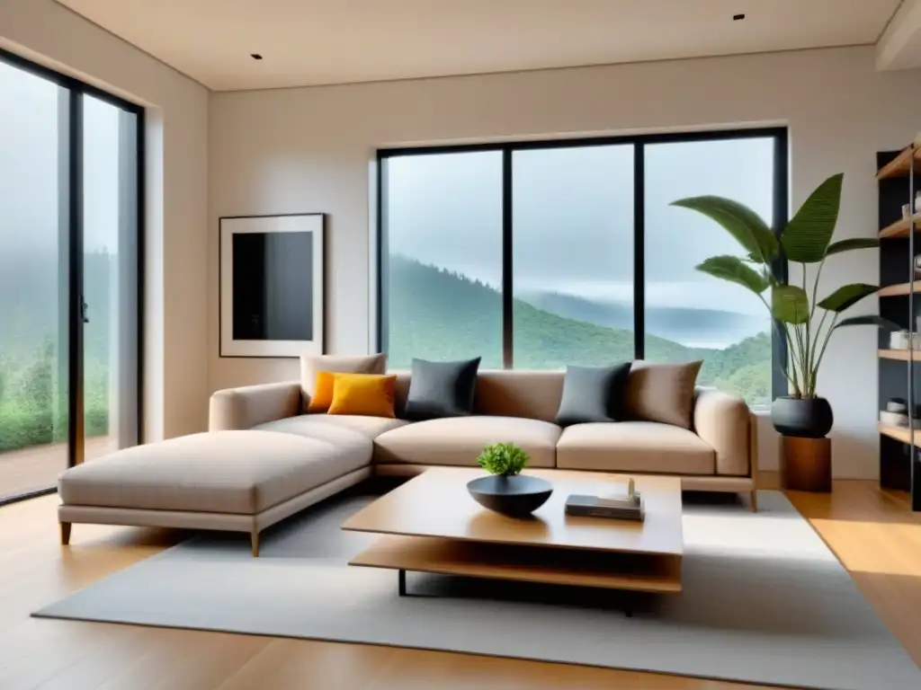 Diseño sostenible: sala minimalista con muebles ecofriendly reciclados Un salón minimalista con muebles de diseño sostenible: sofá chic, mesa elegante y estantes modernos, bañados por luz natural