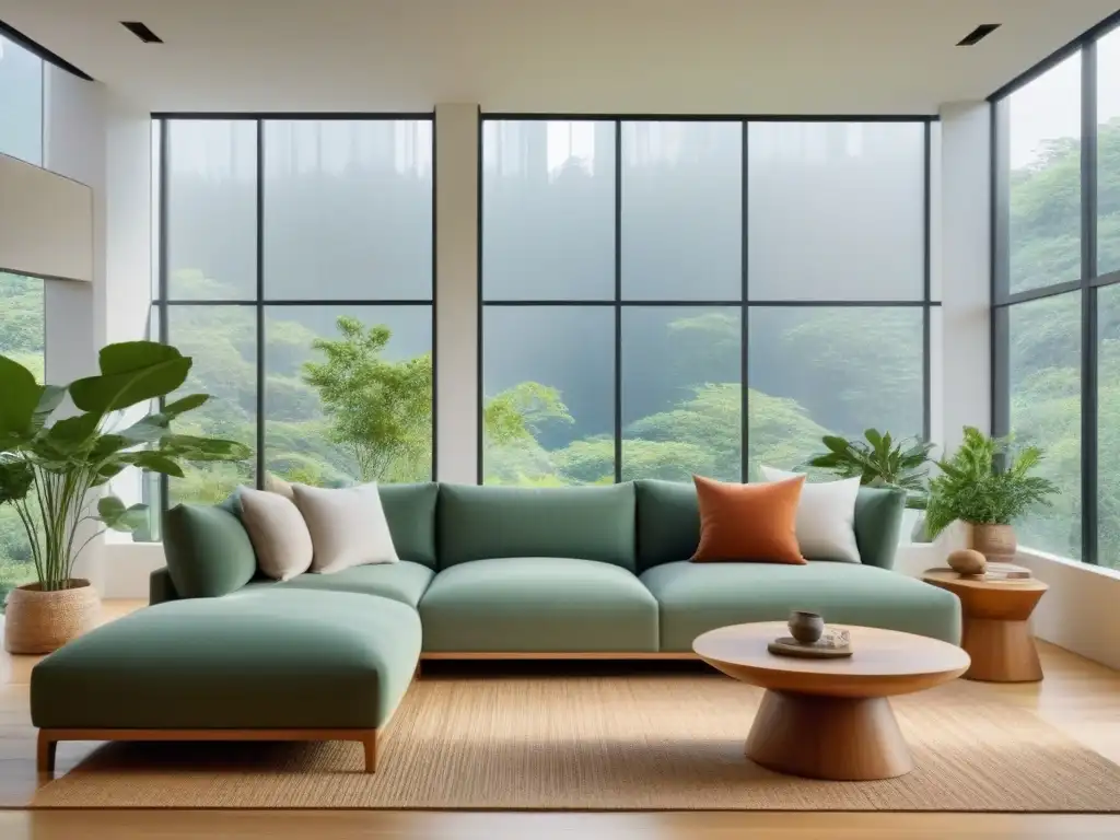 Un salón minimalista con muebles sostenibles para interiores ecochic, bañado en luz natural y decorado con plantas verdes