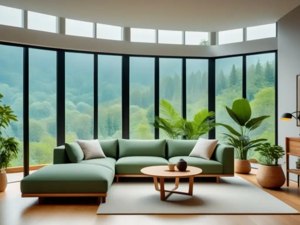 Un salón minimalista con muebles sostenibles y vistas a un bosque verde