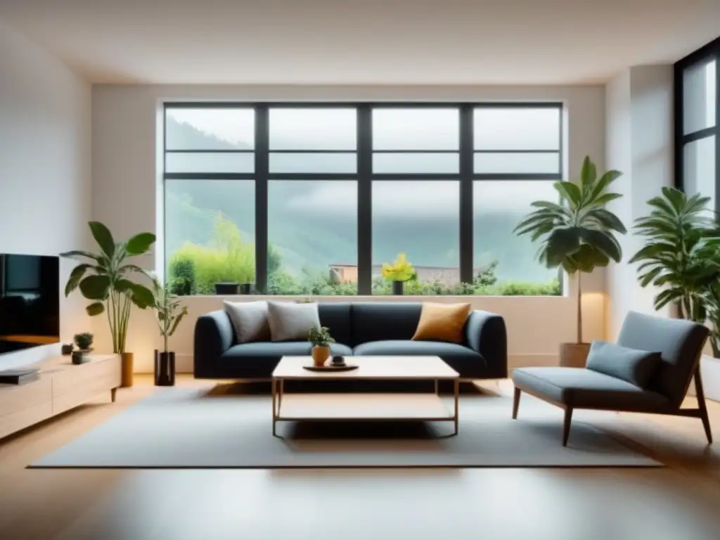 Salón minimalista y sostenible con muebles elegantes, plantas y luz natural