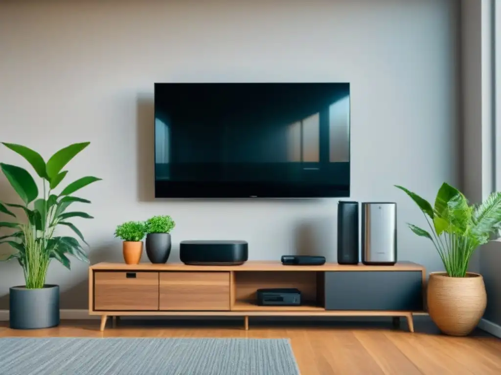 Un salón minimalista y sostenible con una TV moderna, plantas y elementos reutilizables