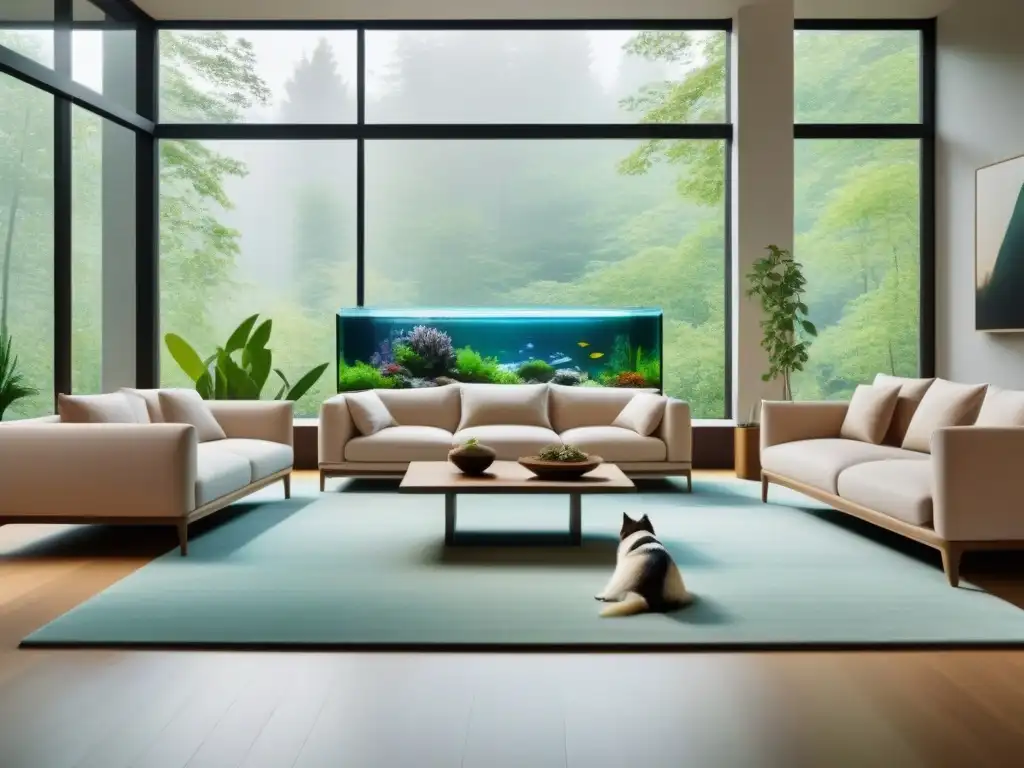 Un salón minimalista con vistas a un bosque verde, adornado con una pecera y un perro relajado