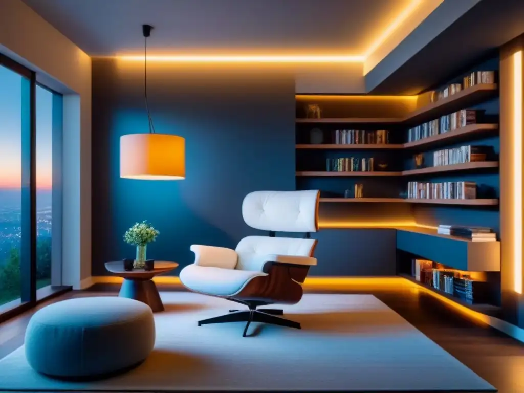 Un salón moderno con iluminación LED consumo sostenible integrada en el techo, creando un ambiente cálido y acogedor