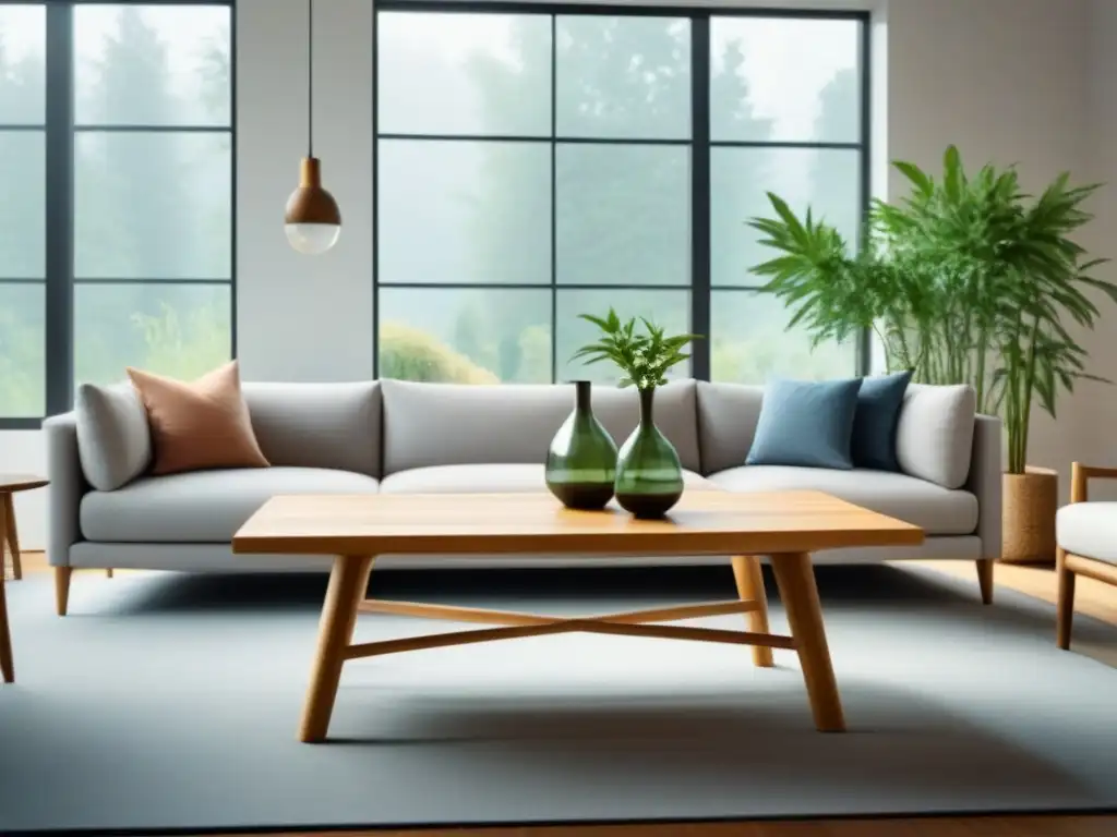 Un salón moderno y minimalista con elementos sostenibles, como una mesa de bambú y muebles ecofriendly