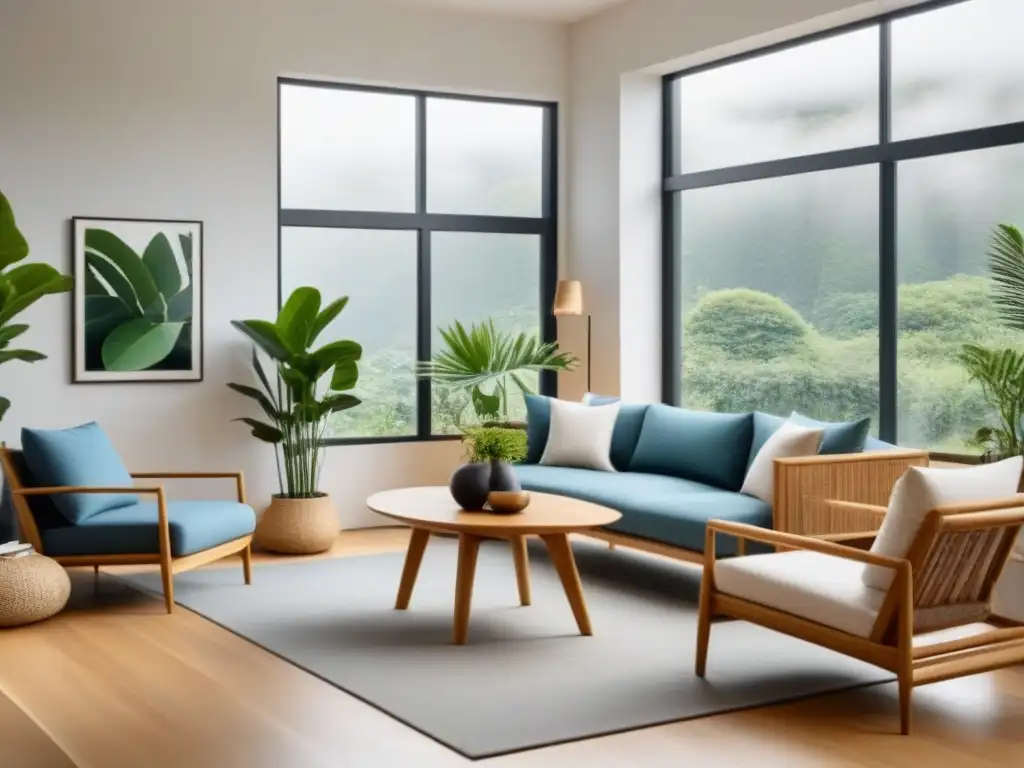 Un salón moderno y minimalista con muebles ecofriendly de bambú y madera reciclada