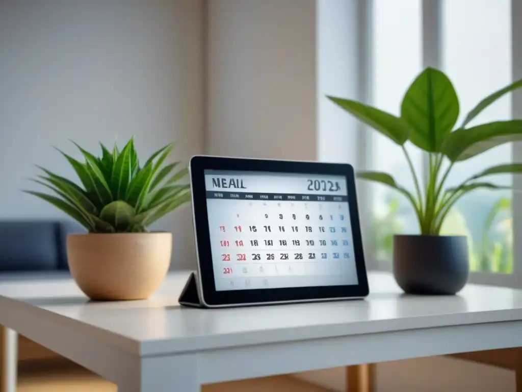 Un salón moderno y minimalista con tablet ecofriendly y libros virtuales, rodeado de plantas y luz natural