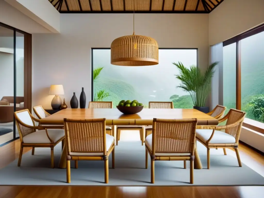 Un salón moderno con muebles de bambú ecofriendly en armonía entre estilos tradicionales y contemporáneos