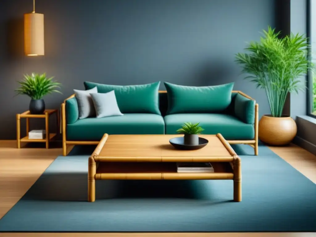 Un salón moderno con muebles de bambú ecofriendly en una decoración sofisticada y minimalista, destacando la elegancia y frescura de los muebles