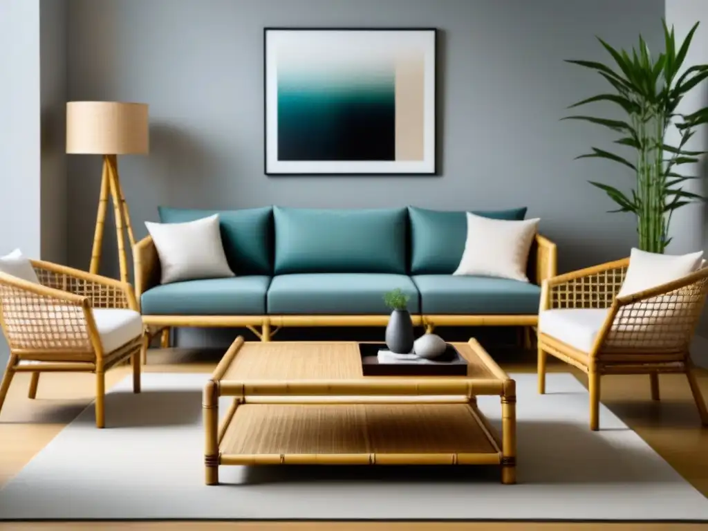 Un salón moderno con muebles de bambú ecofriendly, minimalistas y elegantes