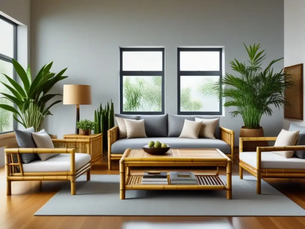 Salón moderno con muebles de bambú ecofriendly hogar, elegantes y luminosos, perfectos para una decoración sostenible