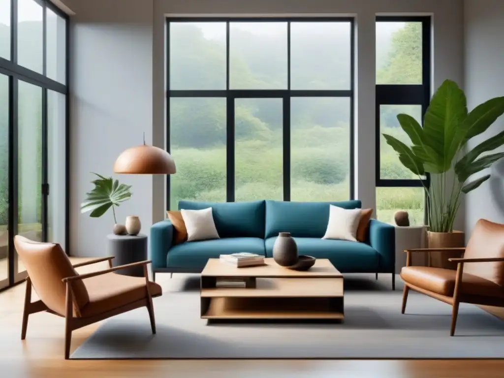 Diseño ecofriendly: Sala Minimalista con Muebles Sostenibles Un salón moderno con muebles ecológicos: mesa de madera sostenible, sillón de plástico reciclado y estante de metal reciclado