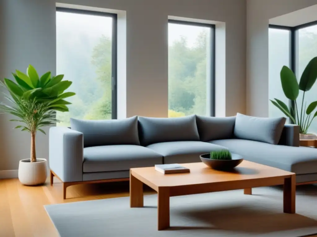 Sala de estar moderna y sostenible con muebles minimalistas en 8K Un salón moderno con muebles de diseño sostenible: sofá gris, mesa de madera, planta y lámpara contemporánea, una inversión futura