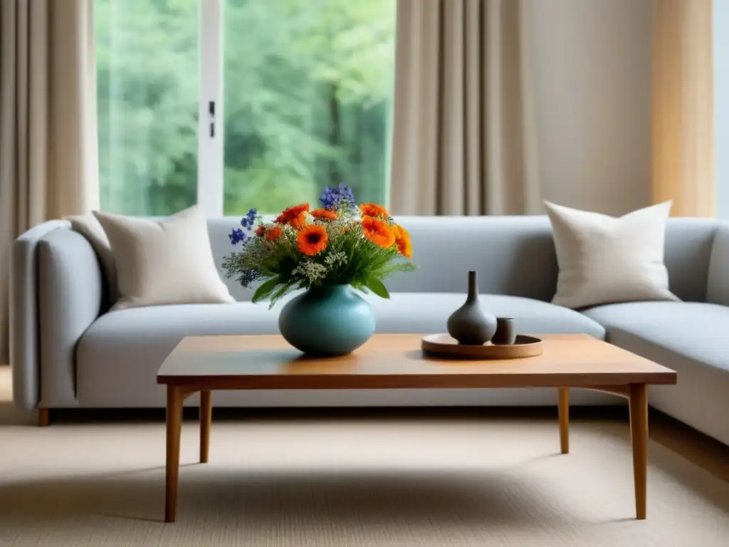 Un salón sereno y minimalista con mesa de café de madera ecológica y acabado natural, adornada con jarrón cerámico y flores silvestres