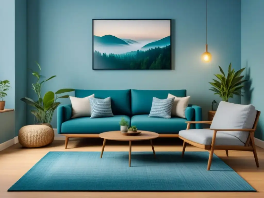Un salón sereno y minimalista con muebles multifuncionales, plantas verdes y arte abstracto