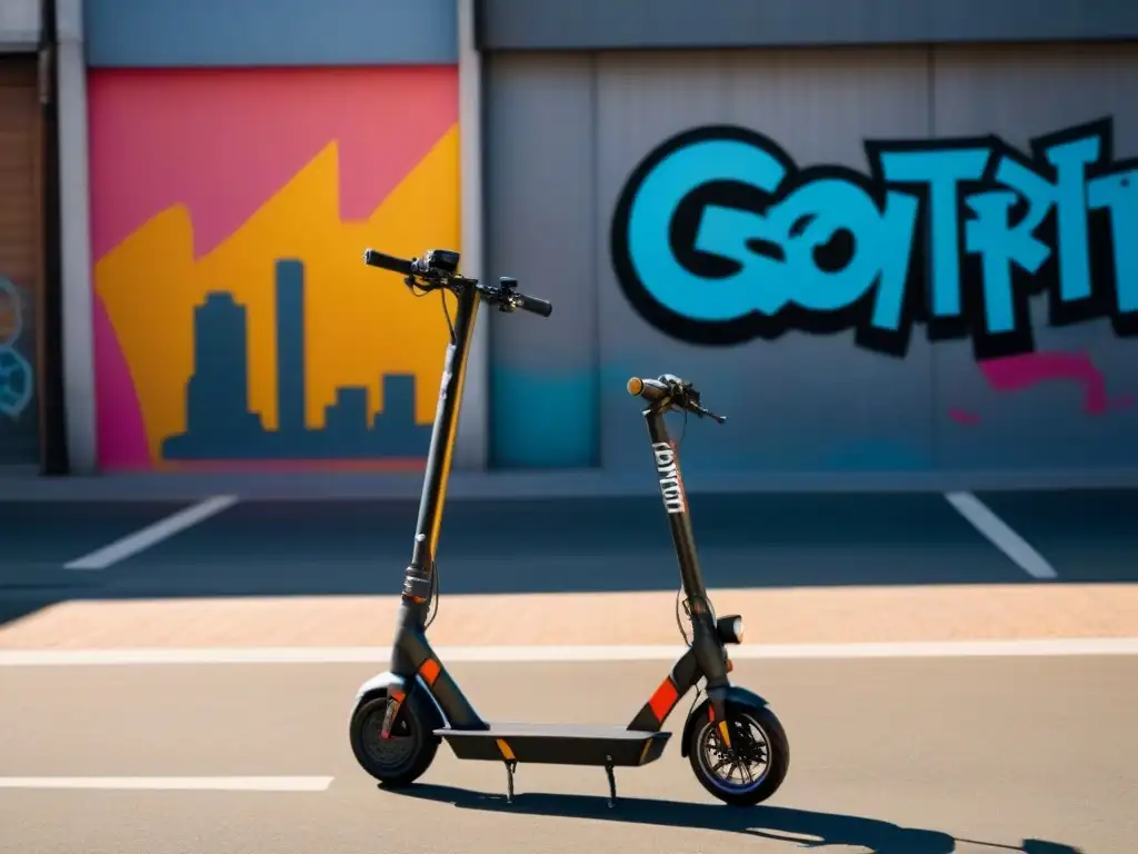 Un scooter eléctrico moderno en la ciudad, con casco y mochila, mostrando mapas de rutas urbanas en el móvil