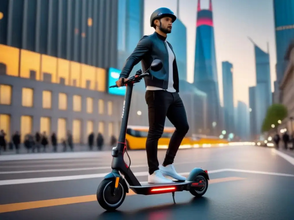 Un scooter eléctrico negro mate recorre una bulliciosa ciudad futurista