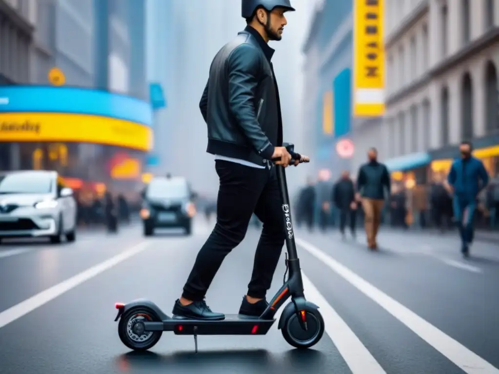 Un scooter eléctrico negro mate recorre la ciudad, reflejando el paisaje urbano