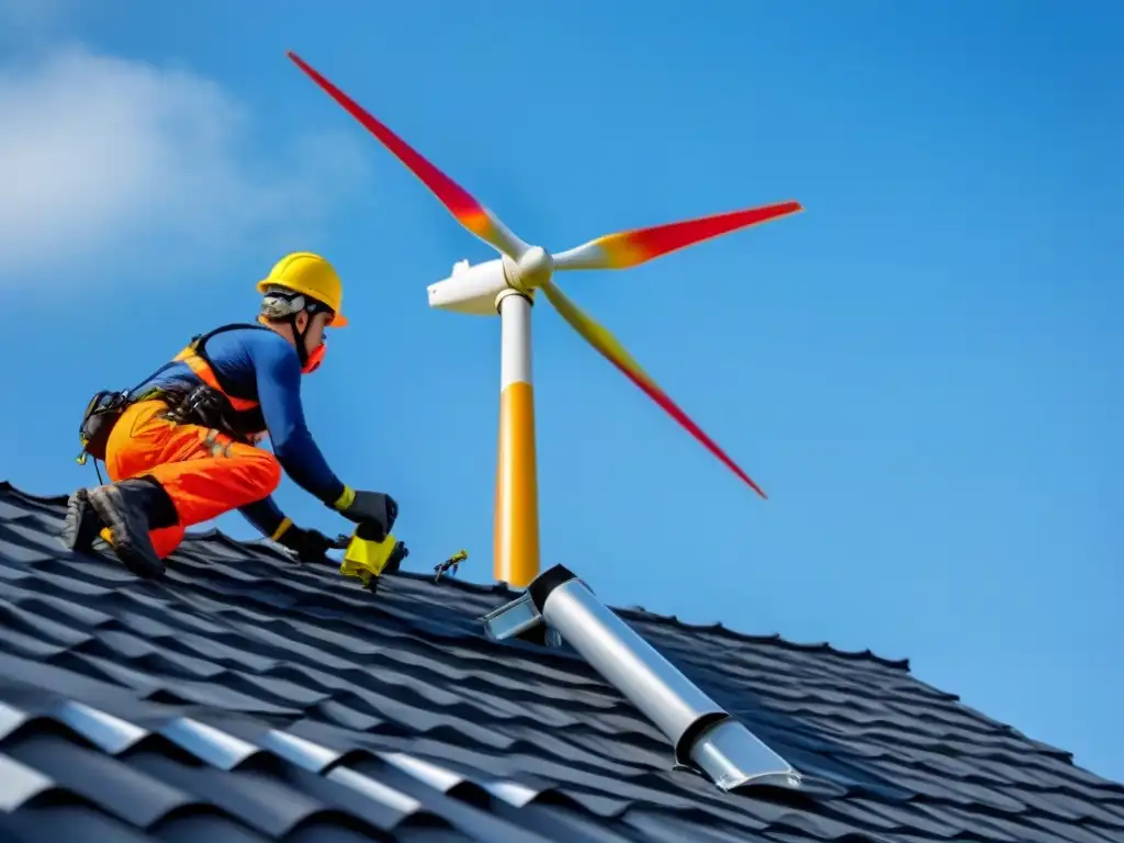 Instalación segura de turbina eólica en casa bajo cielo azul