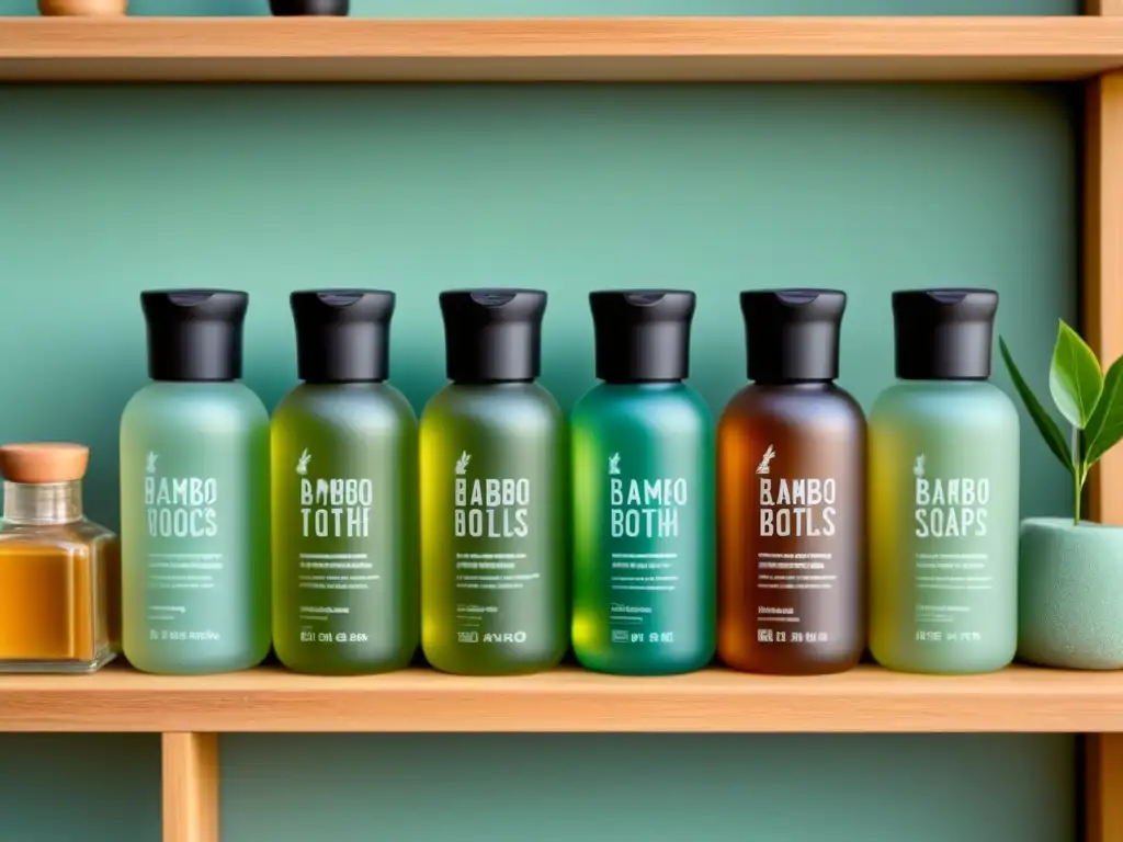 Una selección de productos de cuidado personal ecológicos exhibidos en estantes de madera clara, con etiquetas ecoamigables y tonos terrosos