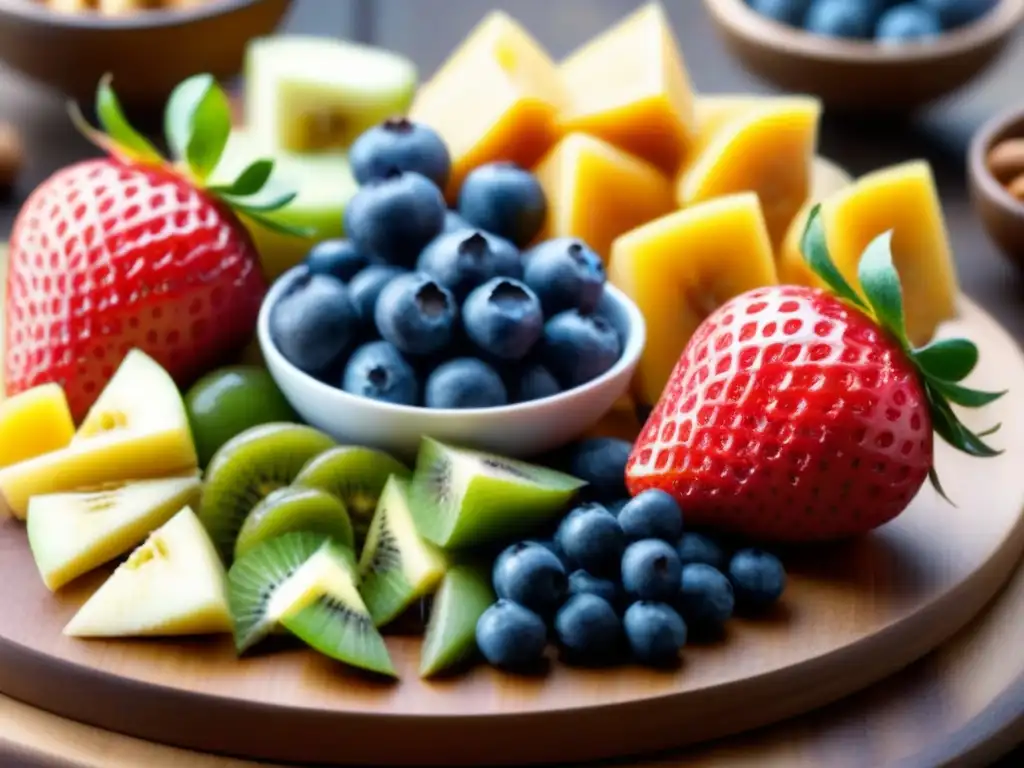 Delicias orgánicas: colores vivos y frescura en plato de madera Deléitate con una selección de snacks ecológicos saludables día a día en una presentación artística y fresca