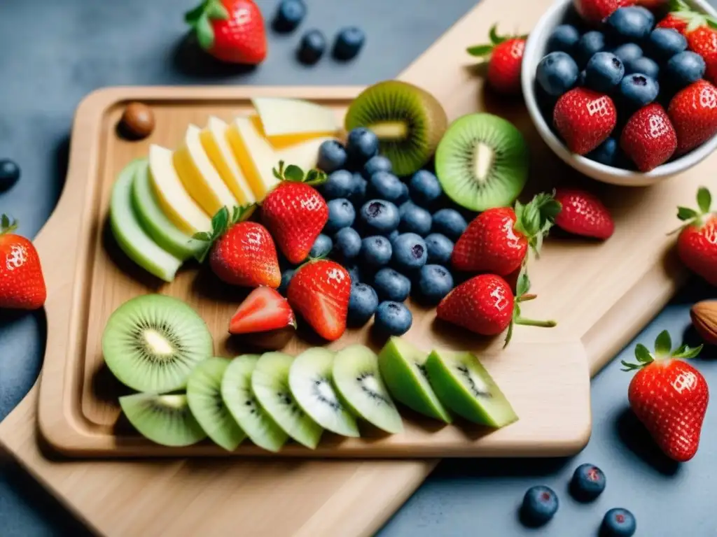 Deliciosos snacks orgánicos y coloridos en tabla de madera Una selección de snacks ecológicos saludables día a día, coloridos y orgánicos, en un tablero de madera moderno