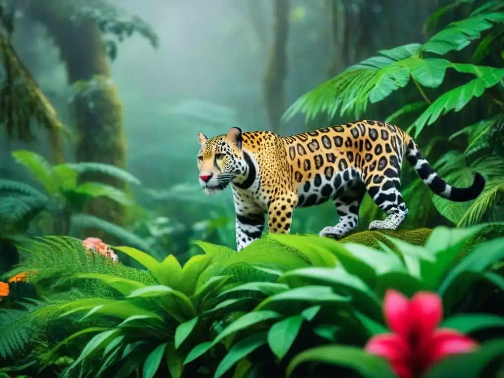 Una selva vibrante muestra jaguares, tucanes y monos en armonía con la naturaleza, destacando la conexión entre compras sostenibles y vida salvaje