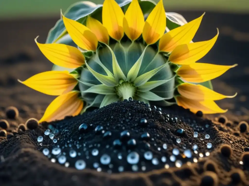 Semilla de girasol en tierra fértil y húmeda, reflejando el crecimiento en prácticas de agricultura regenerativa sostenible