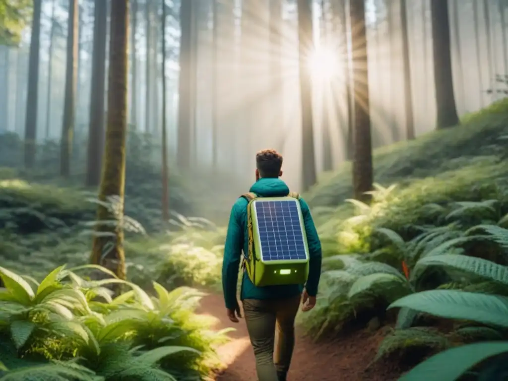 Senderismo con carga solar portátil sostenible en un bosque verde exuberante