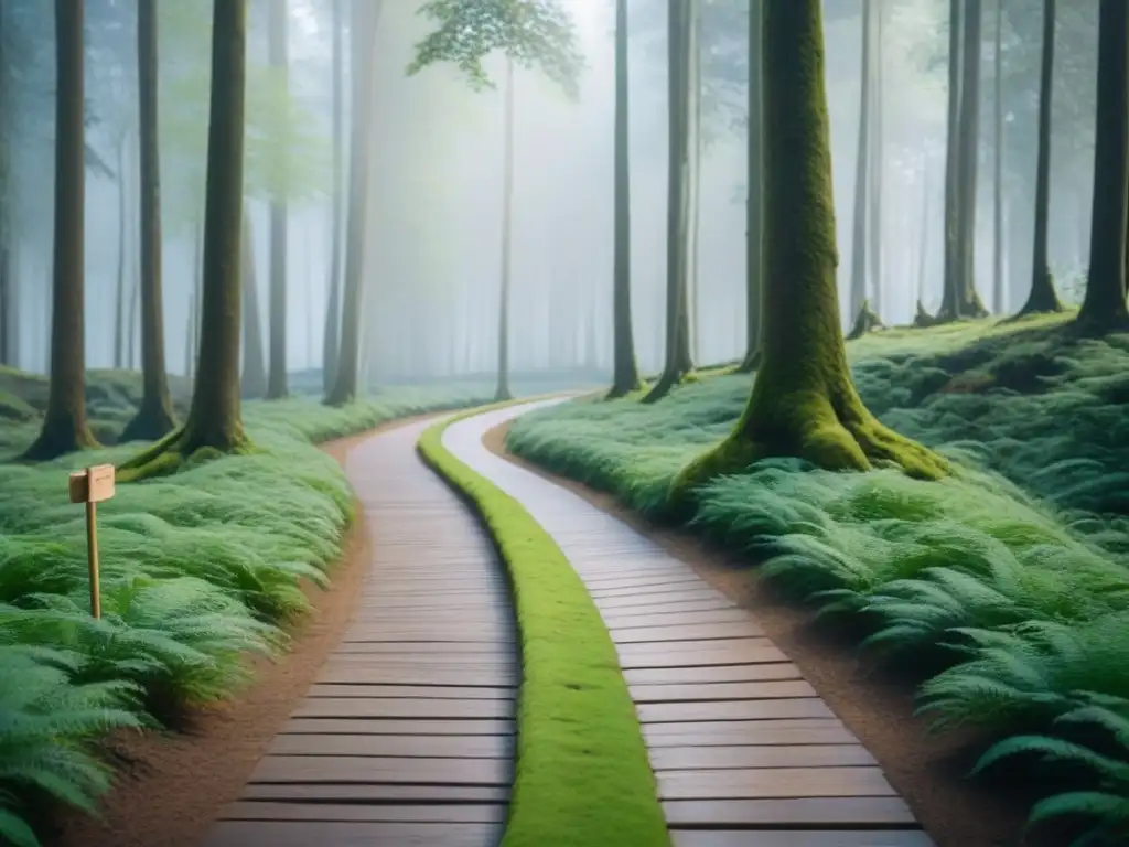 Senderismo sostenible por caminos antiguos en un bosque verde y sereno, con señales de madera y respeto por la naturaleza