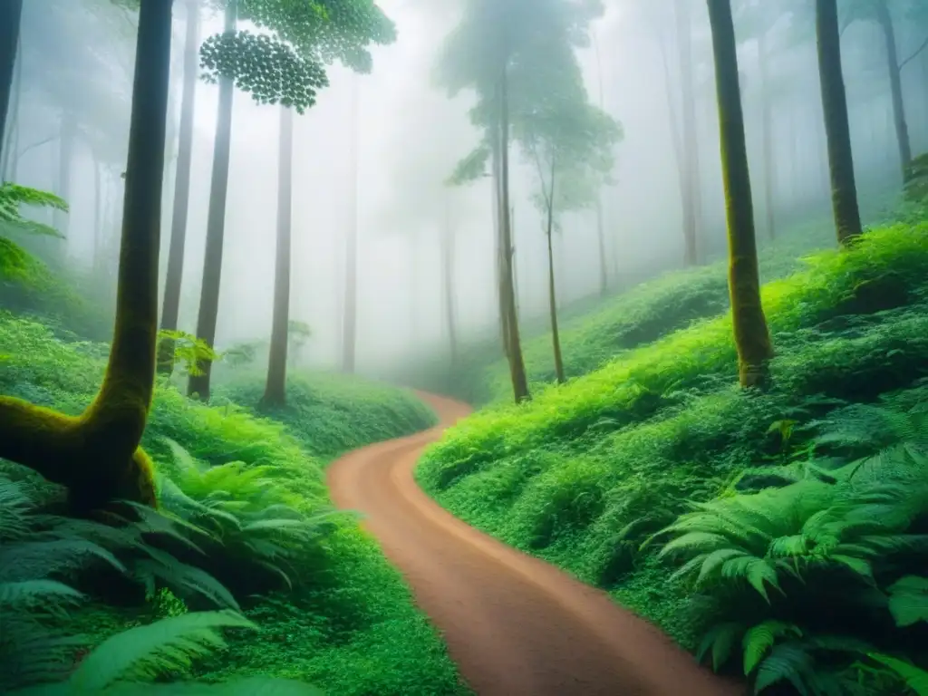 Sendero ecológico rodeado de exuberante bosque verde, luz filtrándose entre los árboles