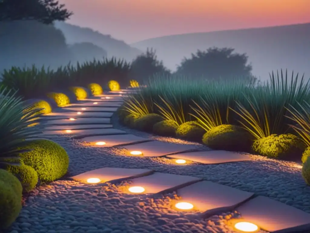 Un sendero iluminado por luces solares en un jardín al atardecer