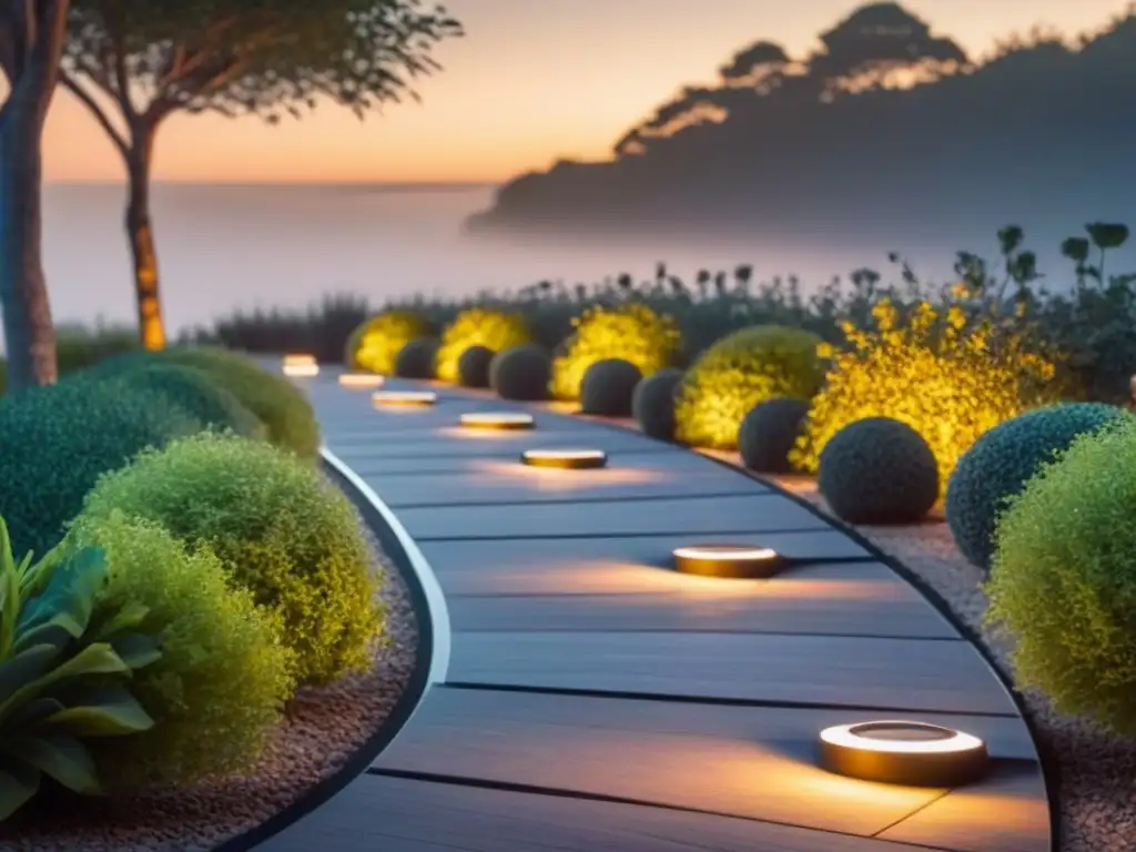 Un sendero de jardín moderno con iluminación solar para un ambiente sostenible y elegante