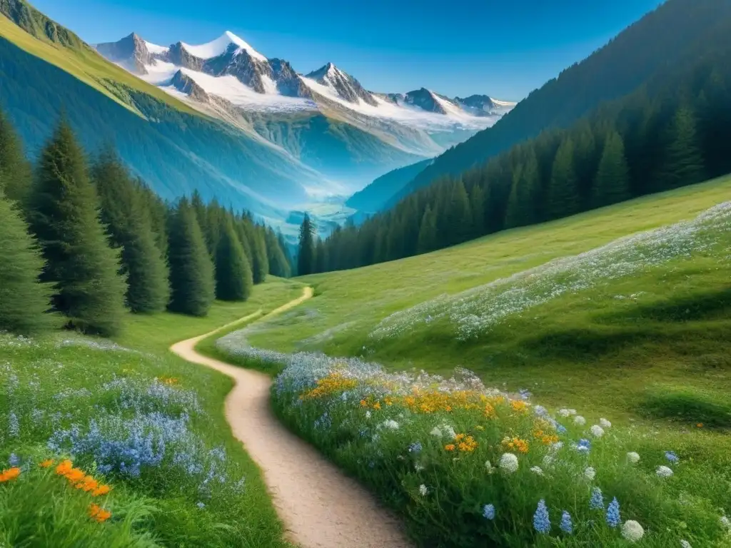 Un sendero de montaña serpentea entre prados alpinos verdes con picos nevados de fondo, bajo un cielo azul claro