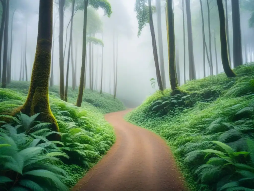 Un sendero de senderismo serpentea a través de un exuberante bosque verde, invitando a la exploración de la naturaleza