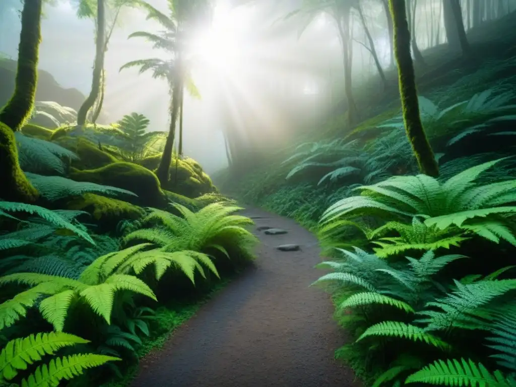 Sendero sereno en un bosque verde con luz solar filtrándose