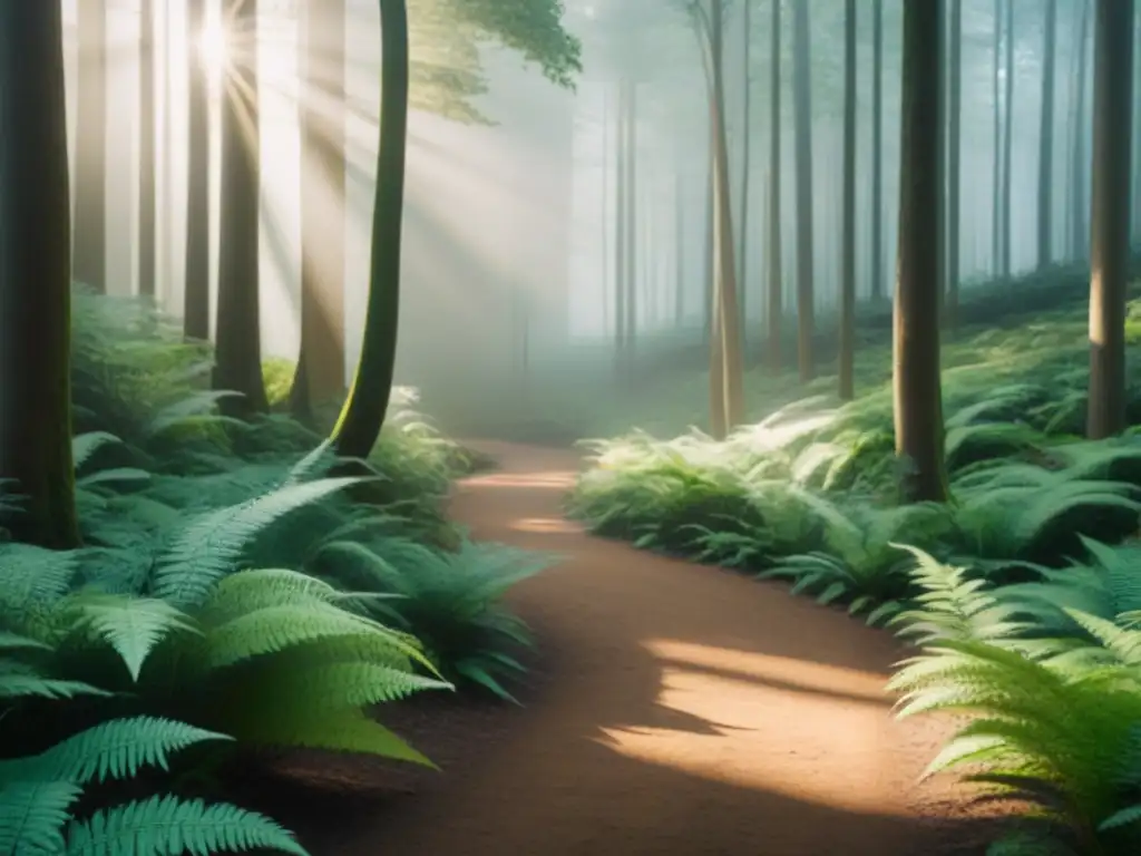 Un sendero serpenteante en un bosque exuberante y vibrante, iluminado por el sol