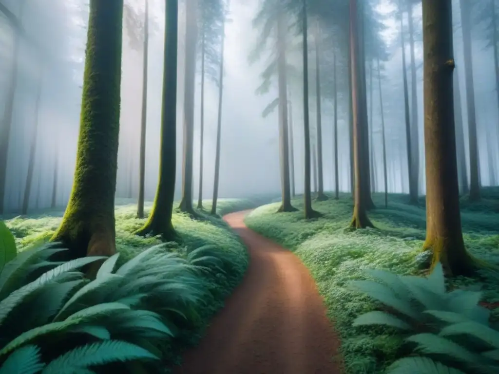 Sendero serpenteante en un bosque verde con árboles altos y luz filtrándose entre las hojas