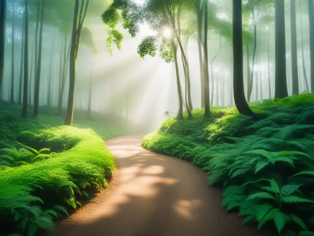 Sendero serpenteante en un bosque verde exuberante, luz filtrándose entre los árboles