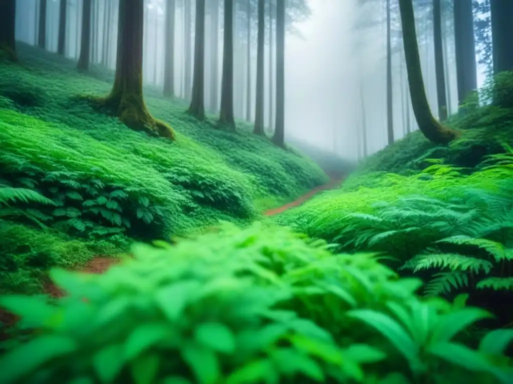 Un sendero serpenteante en un bosque verde exuberante, simbolizando la armonía entre corredores biológicos y empresas sostenibles