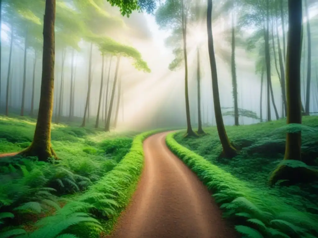 Un sendero serpenteante en un exuberante bosque verde, iluminado por rayos de sol