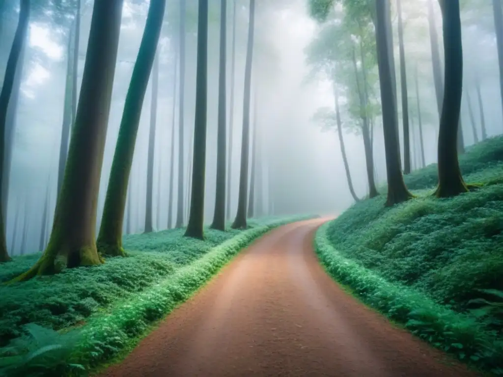 Un sendero serpenteante en un frondoso bosque verde, bajo la luz del sol filtrándose entre los árboles altos