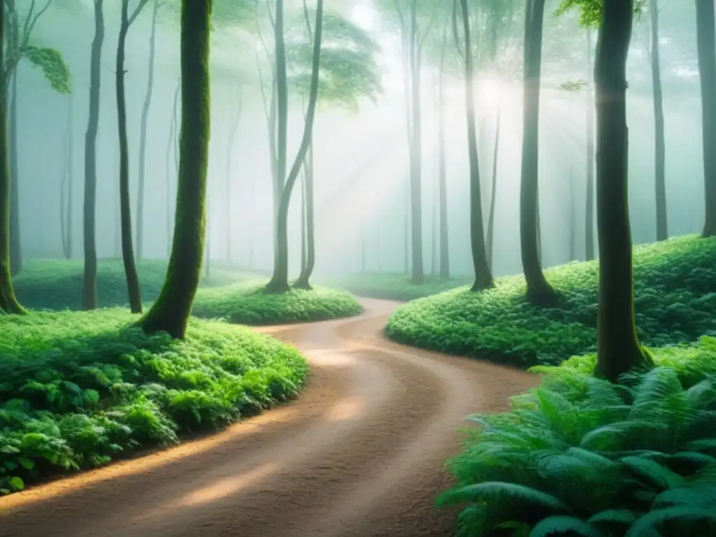 Un sendero serpenteante se adentra en un frondoso bosque verde, con luz filtrándose entre las hojas