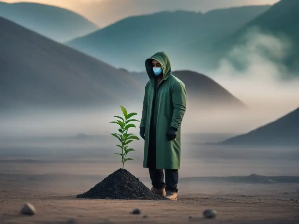 Un ser solitario sostiene una planta en un paisaje desolado, simbolizando esperanza y cambio