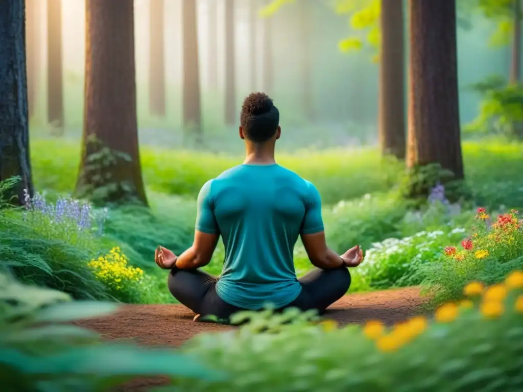 Meditación serena en un bosque verde exuberante, con árboles altos y flores silvestres coloridas