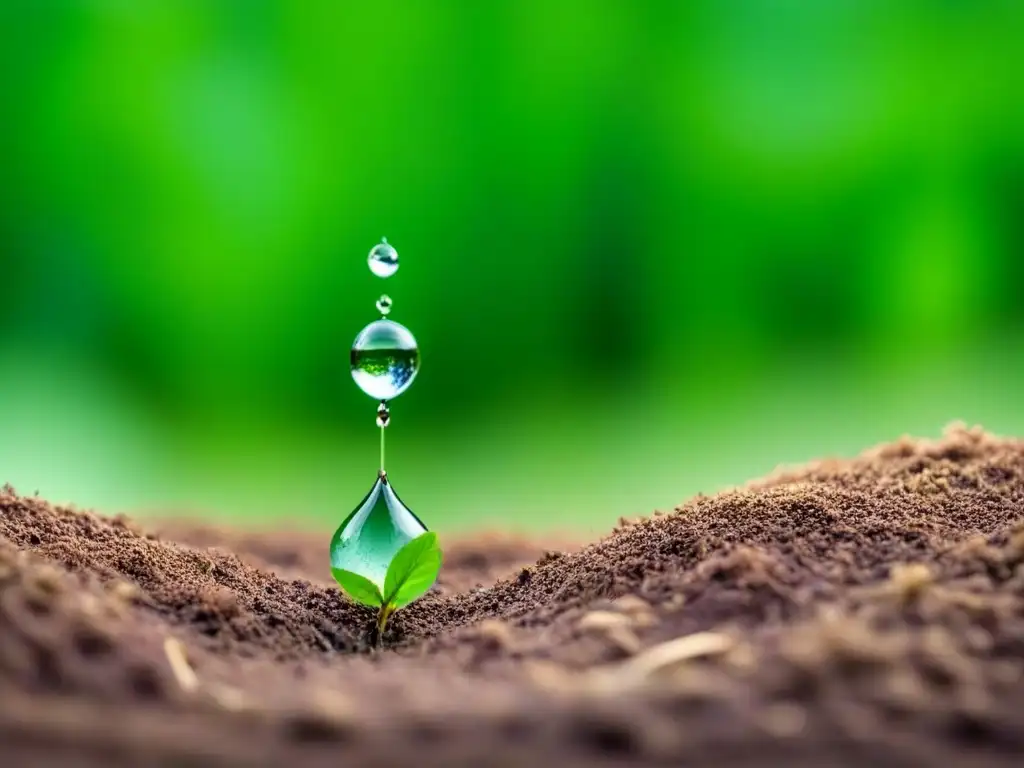 Representación serena de un campo verde con una gota de agua cayendo de una hoja al suelo, simbolizando la huella hídrica en alimentos sostenibles