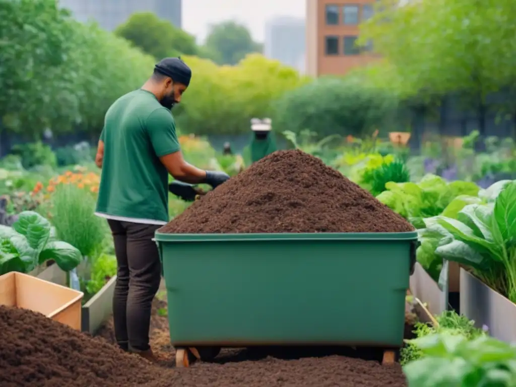 Ilustración serena de comunidad diversa colaborando en jardín urbano verde, compostaje comunitario sostenible